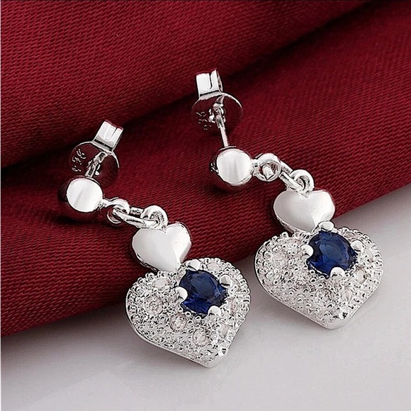 Sterling Silver Sapphire Heart Necklace Earrings Matching Set - Picture 6 of 6